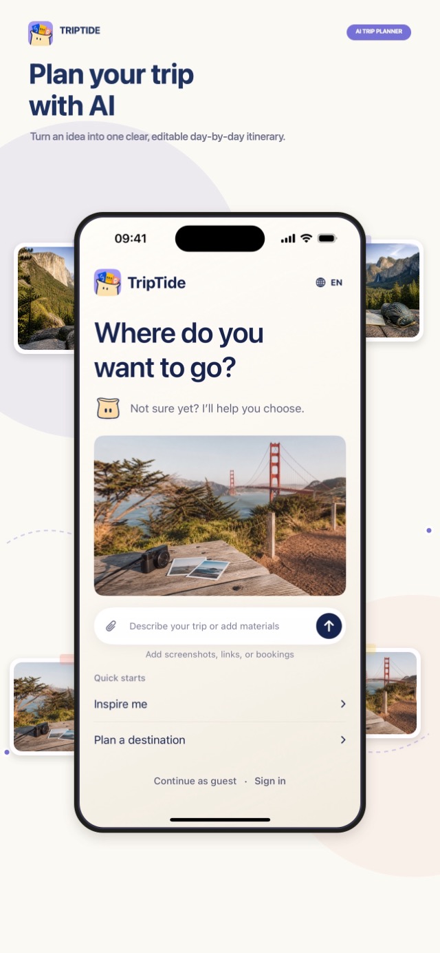 TripTide AI trip planning screen on iPhone